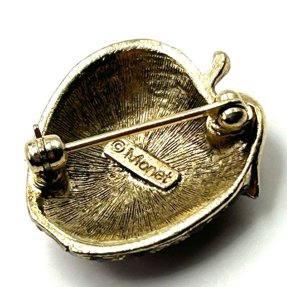 Vintage Monet Red Rhinestone Antique Gold Apple Pin Brooch Teachers Gift - Picture 13 of 15